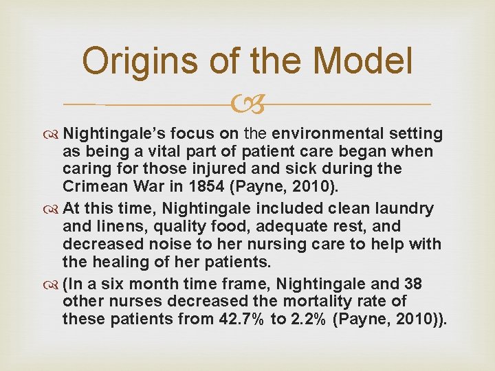 Origins of the Model Nightingale’s focus on the environmental setting as being a vital