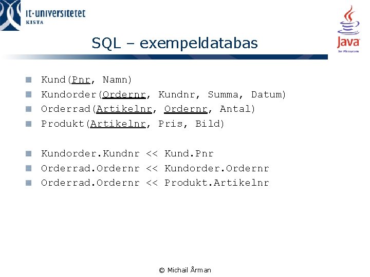 SQL – exempeldatabas Kund(Pnr, Namn) Kundorder(Ordernr, Kundnr, Summa, Datum) Orderrad(Artikelnr, Ordernr, Antal) Produkt(Artikelnr, Pris,