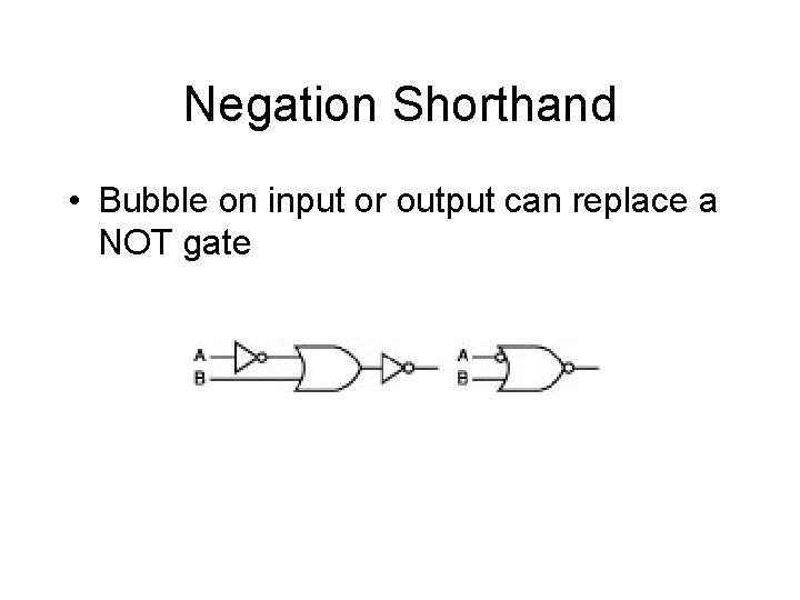 Negation Shorthand • Bubble on input or output can replace a NOT gate 