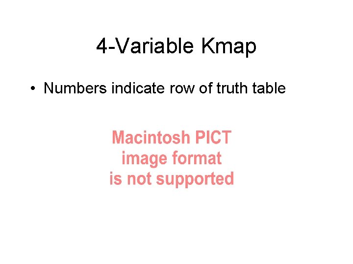 4 -Variable Kmap • Numbers indicate row of truth table 