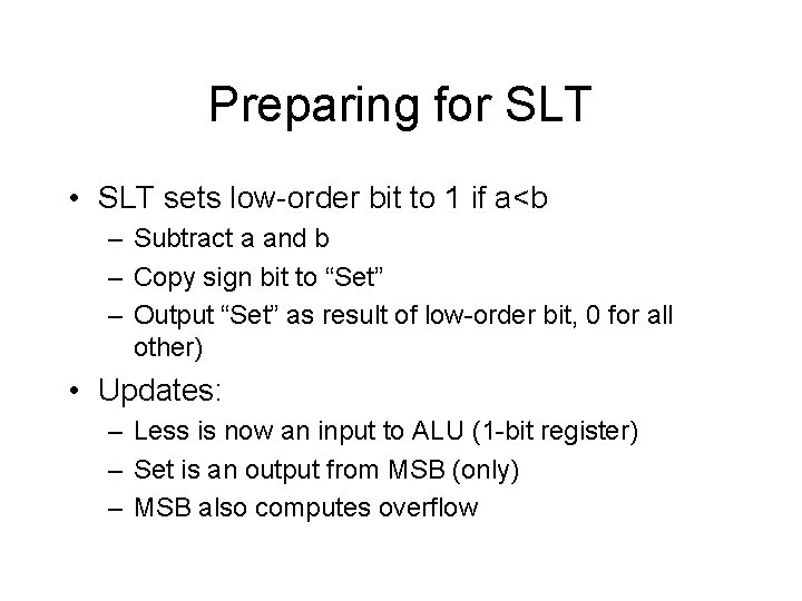 Preparing for SLT • SLT sets low-order bit to 1 if a<b – Subtract