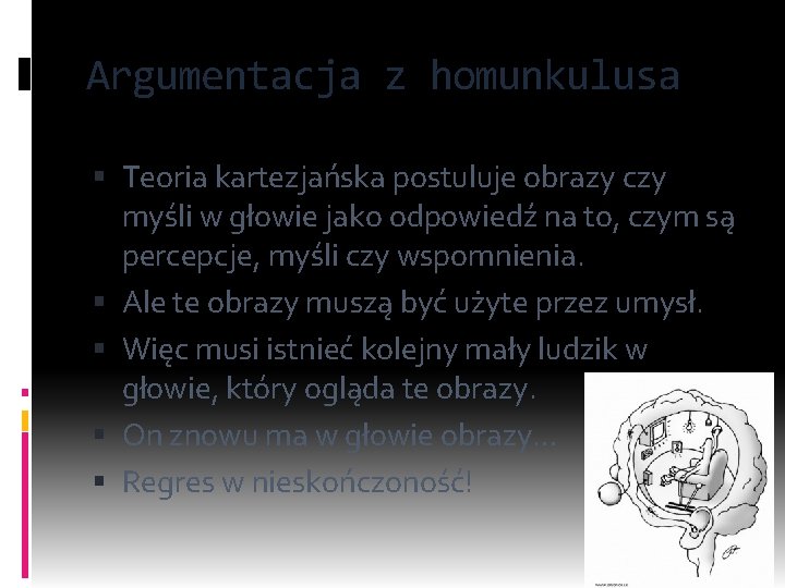 Argumentacja z homunkulusa Teoria kartezjańska postuluje obrazy czy myśli w głowie jako odpowiedź na