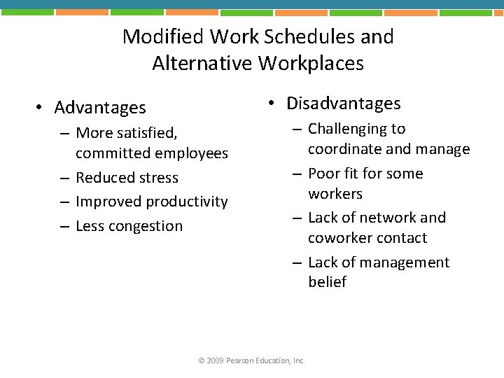 Modified Work Schedules and Alternative Workplaces • Disadvantages • Advantages – More satisfied, committed
