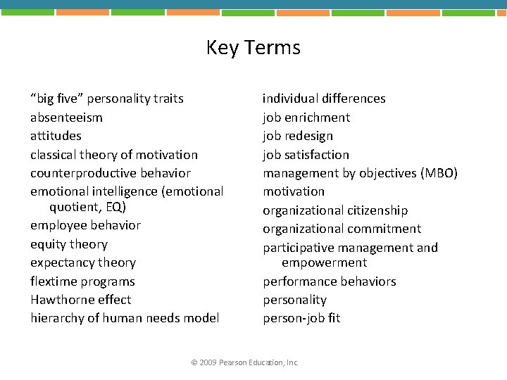 Key Terms “big five” personality traits absenteeism attitudes classical theory of motivation counterproductive behavior