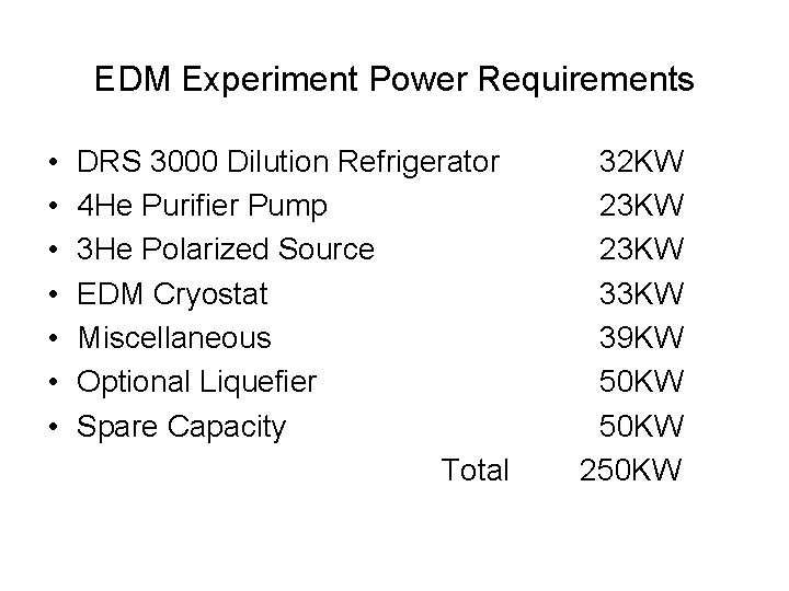 EDM Experiment Power Requirements • • DRS 3000 Dilution Refrigerator 4 He Purifier Pump