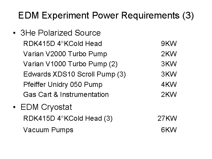 EDM Experiment Power Requirements (3) • 3 He Polarized Source RDK 415 D 4°KCold