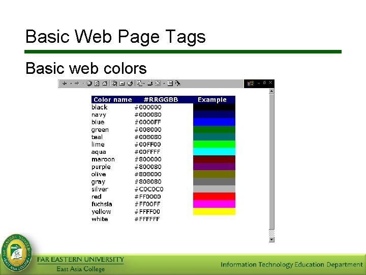 Basic Web Page Tags Basic web colors 
