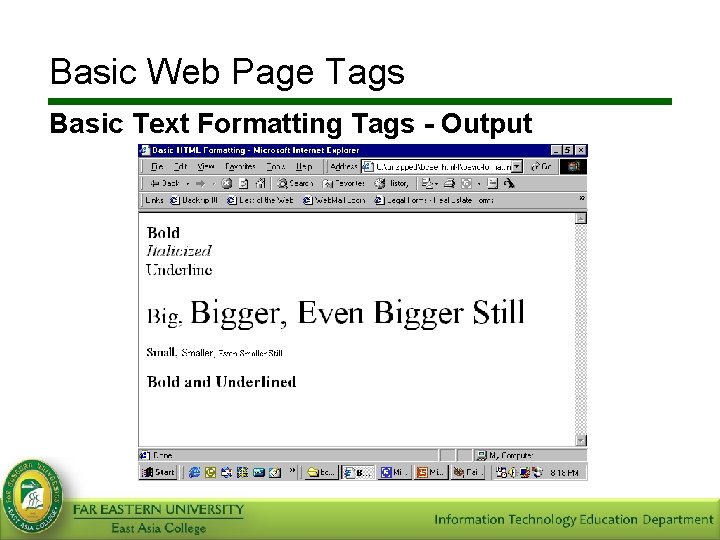 Basic Web Page Tags Basic Text Formatting Tags - Output 