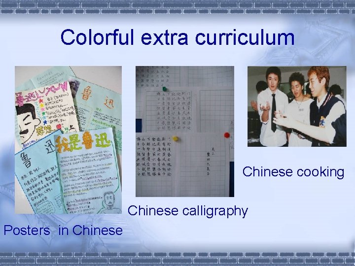 Colorful extra curriculum Chinese cooking Chinese calligraphy Posters in Chinese 