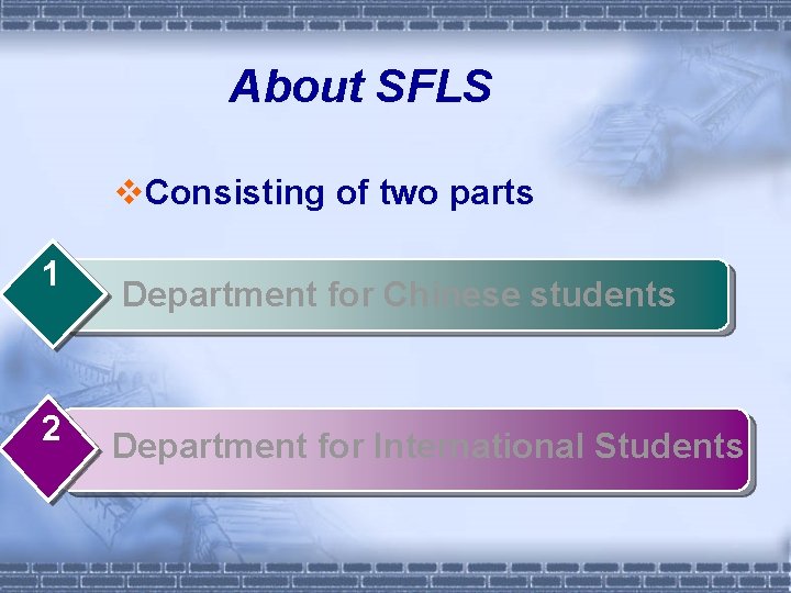 About SFLS v. Consisting of two parts 1 2 Department for Chinese students Department