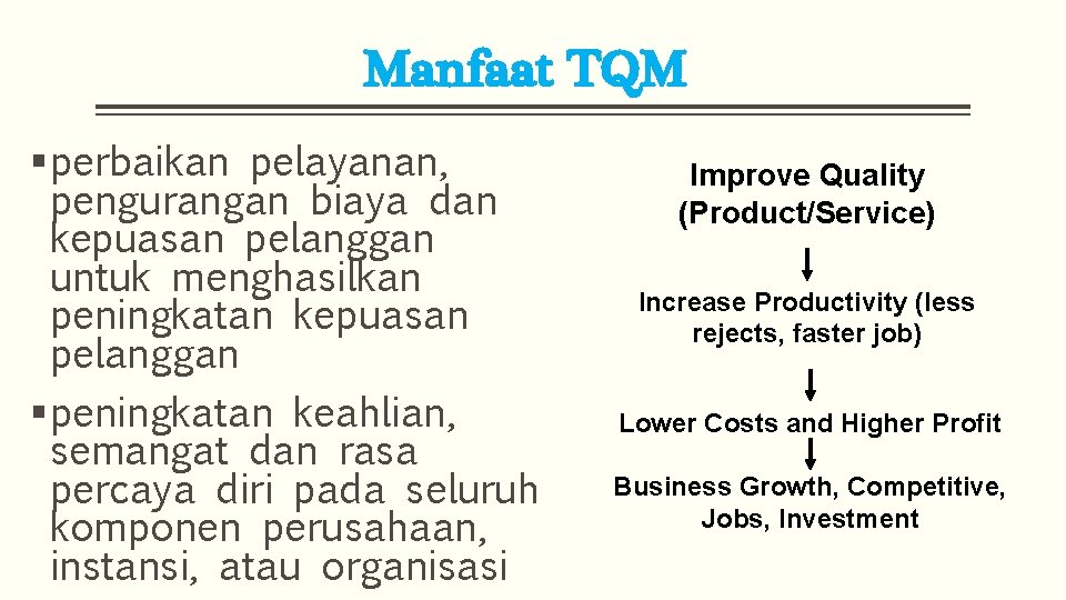 Manfaat TQM § perbaikan pelayanan, pengurangan biaya dan kepuasan pelanggan untuk menghasilkan peningkatan kepuasan