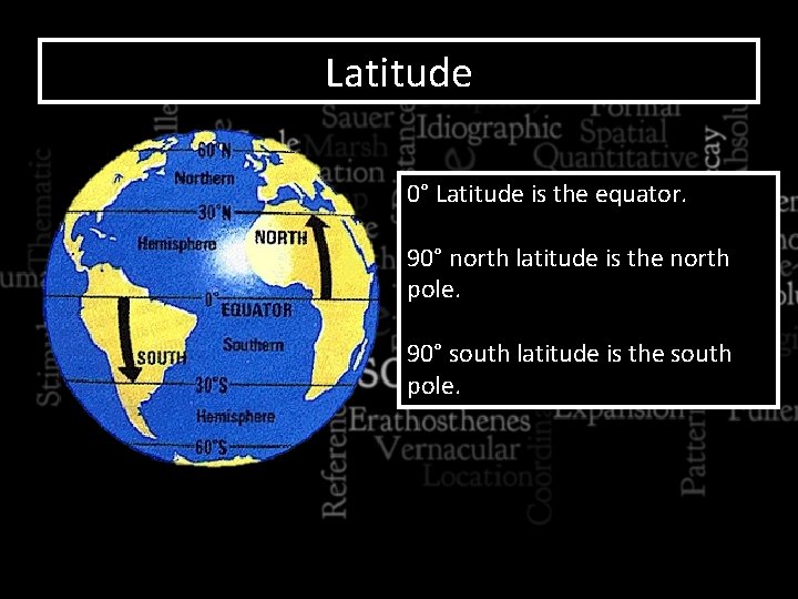 Latitude 0° Latitude is the equator. 90° north latitude is the north pole. 90°