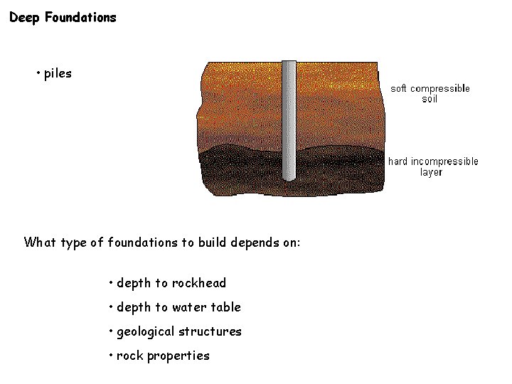 Deep Foundations • piles What type of foundations to build depends on: • depth