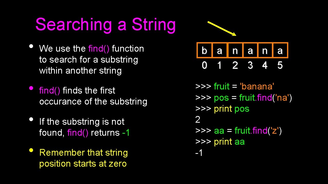 Searching a String • • We use the find() function to search for a