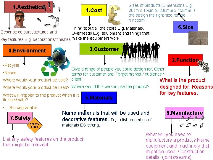 1. Aesthetics 4. Cost Sizes of products. Dimensions E. g 20 cm x 15