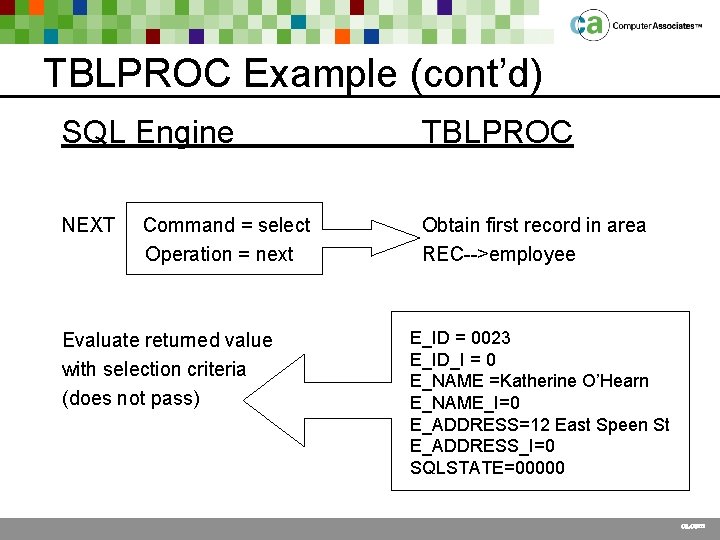 TBLPROC Example (cont’d) SQL Engine TBLPROC NEXT Obtain first record in area REC-->employee Command