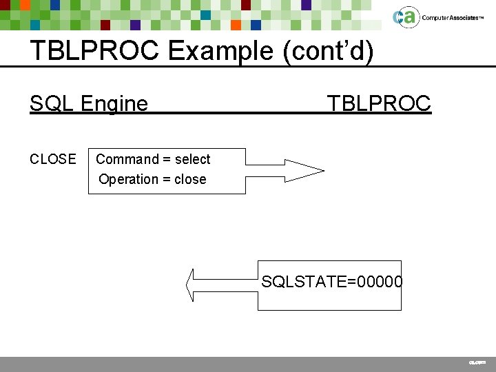 TBLPROC Example (cont’d) SQL Engine CLOSE TBLPROC Command = select Operation = close SQLSTATE=00000