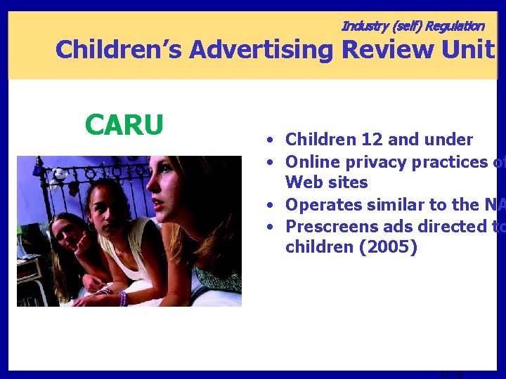 Industry (self) Regulation Children’s Advertising Review Unit CARU • Children 12 and under •