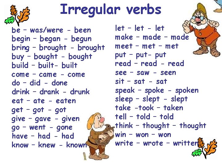 Irregular verbs be – was/were - been begin – began - begun bring –