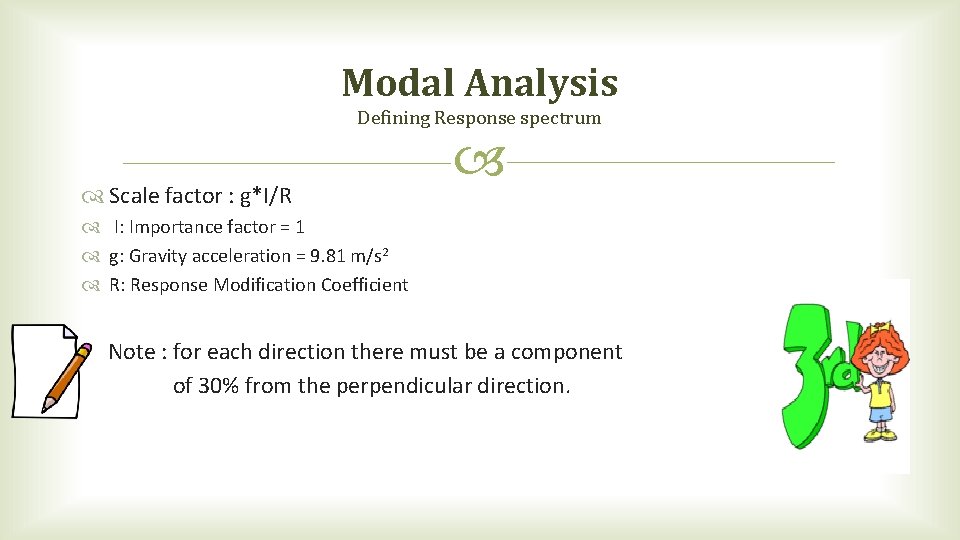 Modal Analysis Defining Response spectrum Scale factor : g*I/R I: Importance factor = 1