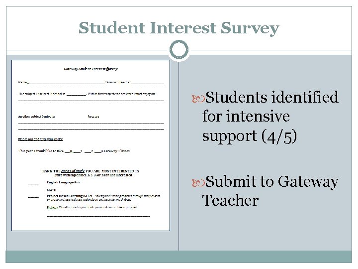 Student Interest Survey Students identified for intensive support (4/5) Submit to Gateway Teacher 