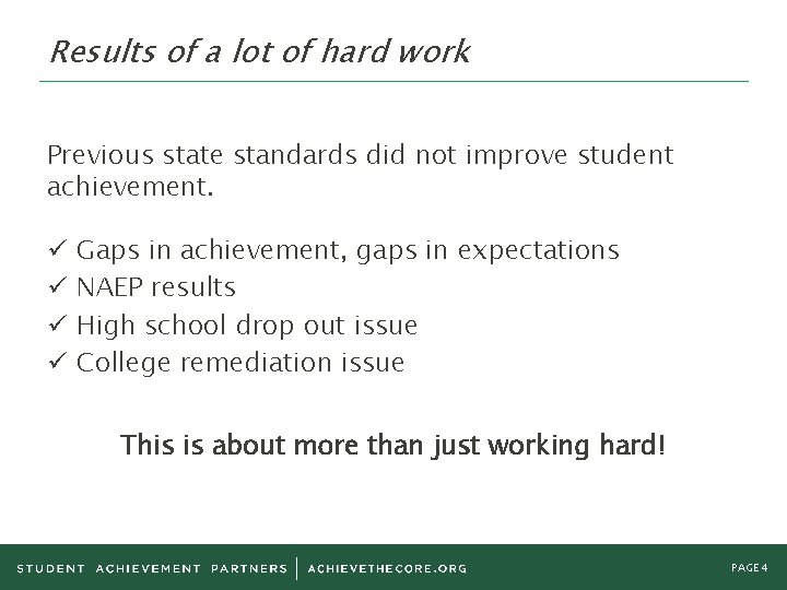 Results of a lot of hard work Previous state standards did not improve student