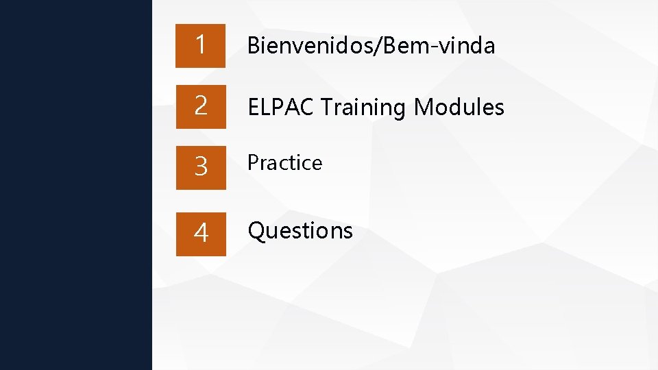 1 Bienvenidos/Bem-vinda 2 ELPAC Training Modules 3 Practice 4 Questions 