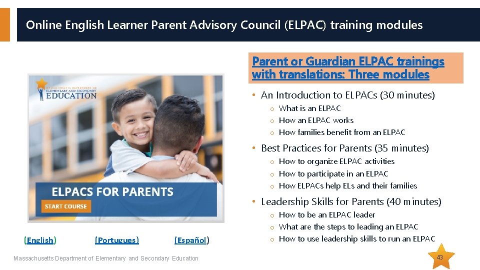 Online English Learner Parent Advisory Council (ELPAC) training modules Parent or Guardian ELPAC trainings