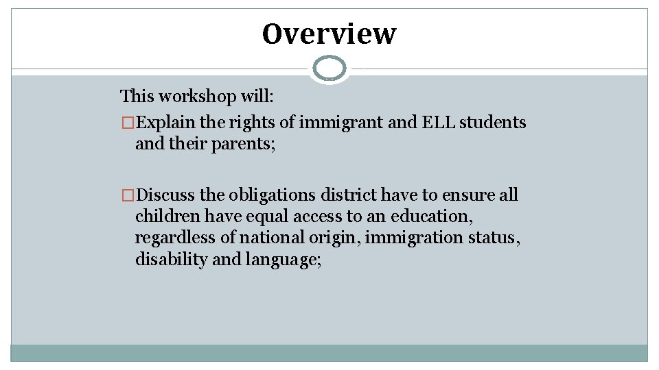Overview This workshop will: �Explain the rights of immigrant and ELL students and their