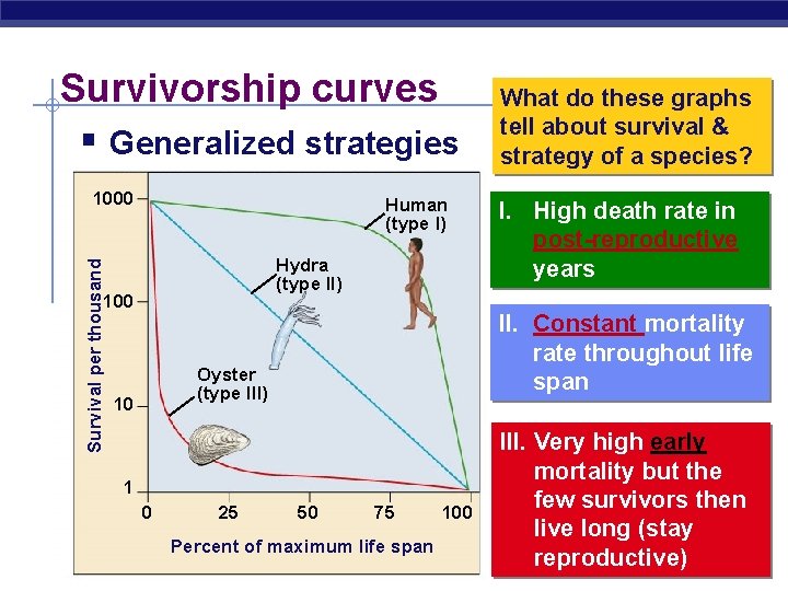Survivorship curves § Generalized strategies Survival per thousand 1000 Human (type I) Hydra (type