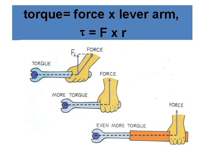 torque= force x lever arm, τ= F x r 