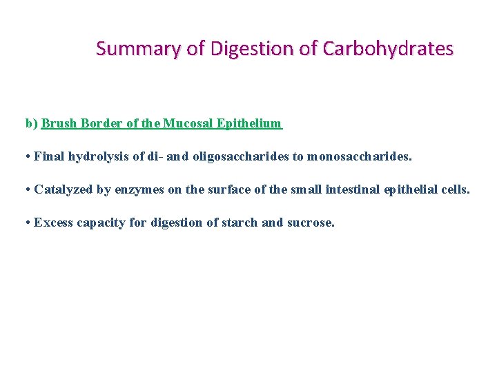 Summary of Digestion of Carbohydrates b) Brush Border of the Mucosal Epithelium • Final