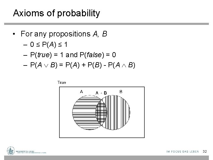 Axioms of probability • For any propositions A, B – 0 ≤ P(A) ≤