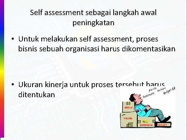 Self assessment sebagai langkah awal peningkatan • Untuk melakukan self assessment, proses bisnis sebuah