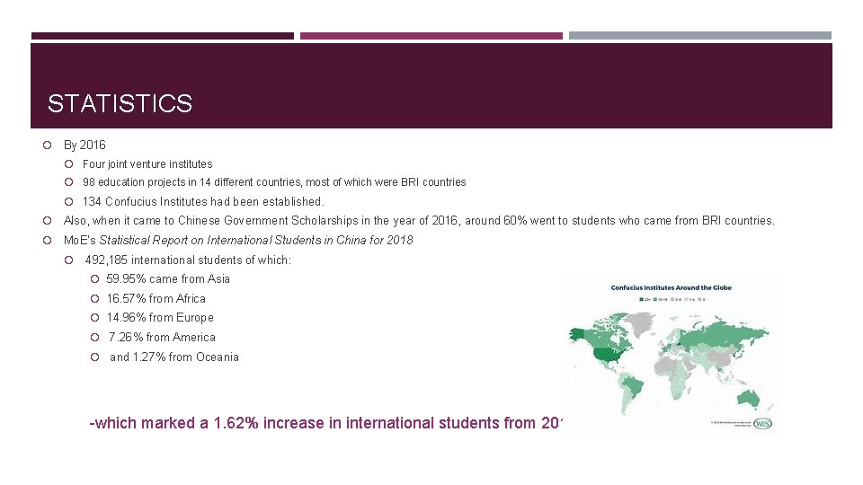 STATISTICS By 2016 Four joint venture institutes 98 education projects in 14 different countries,