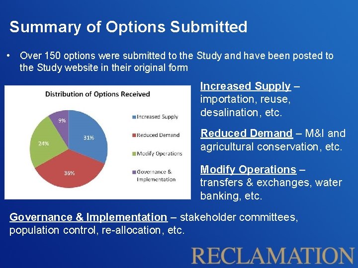 Summary of Options Submitted • Over 150 options were submitted to the Study and