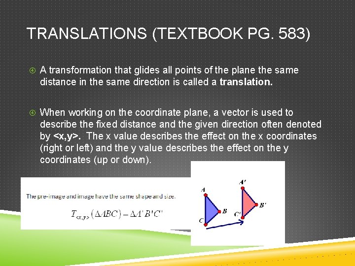 TRANSLATIONS (TEXTBOOK PG. 583) A transformation that glides all points of the plane the