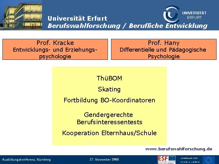 UNIVERSITÄT ERFURT Universität Erfurt Berufswahlforschung / Berufliche Entwicklung Prof. Kracke Prof. Hany Entwicklungs- und