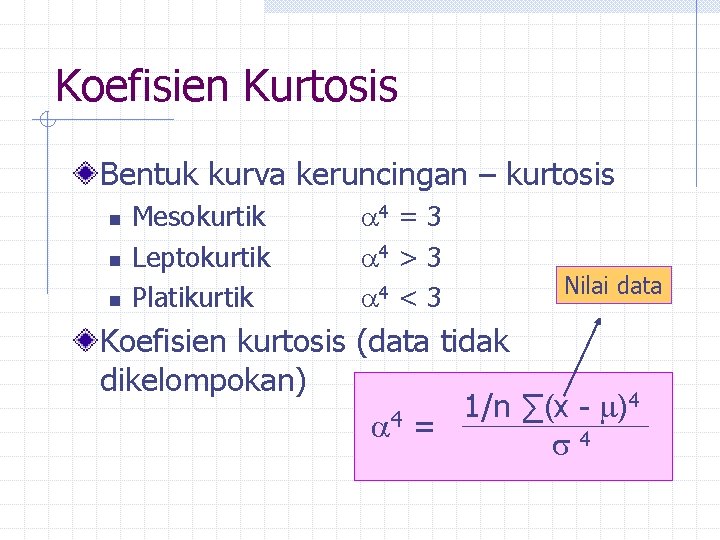 Koefisien Kurtosis Bentuk kurva keruncingan – kurtosis n n n Mesokurtik Leptokurtik Platikurtik 4