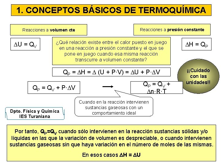 1. CONCEPTOS BÁSICOS DE TERMOQUÍMICA Reacciones a volumen cte U = QV Reacciones a