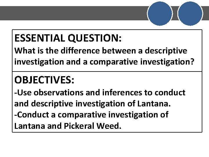 ESSENTIAL QUESTION: What is the difference between a descriptive investigation and a comparative investigation?