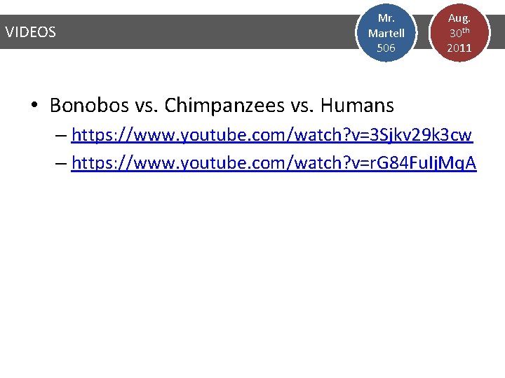 VIDEOS Mr. Martell 506 Aug. 30 th 2011 • Bonobos vs. Chimpanzees vs. Humans