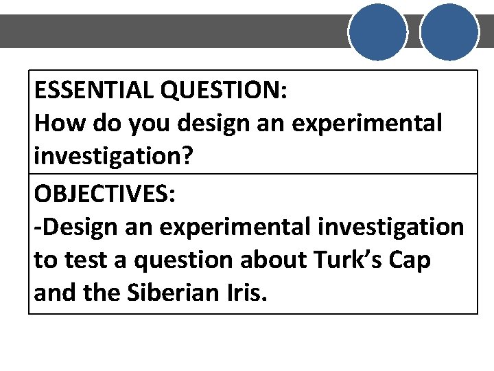 ESSENTIAL QUESTION: How do you design an experimental investigation? OBJECTIVES: -Design an experimental investigation