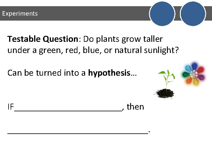 Experiments Testable Question: Do plants grow taller under a green, red, blue, or natural