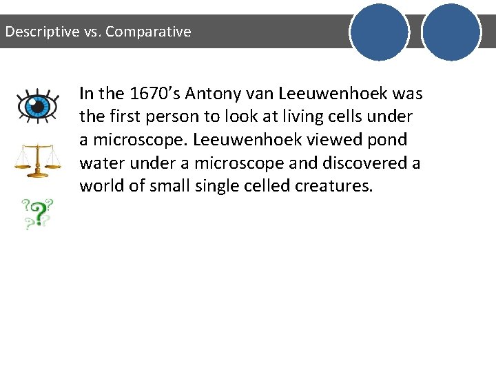 Descriptive vs. Comparative In the 1670’s Antony van Leeuwenhoek was the first person to