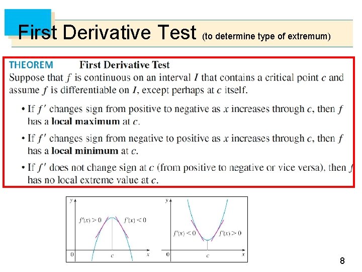 First Derivative Test (to determine type of extremum) 8 