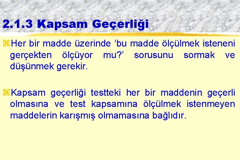 2. 1. 3 Kapsam Geçerliği z. Her bir madde üzerinde ‘bu madde ölçülmek isteneni