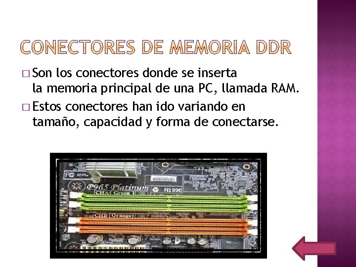 � Son los conectores donde se inserta la memoria principal de una PC, llamada