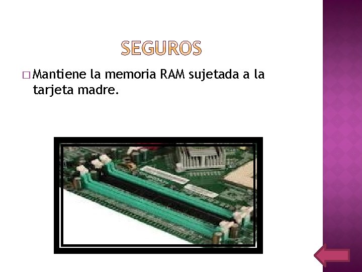 � Mantiene la memoria RAM sujetada a la tarjeta madre. 