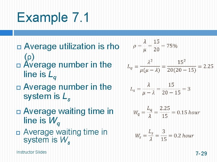 Example 7. 1 Average utilization is rho (ρ) Average number in the line is